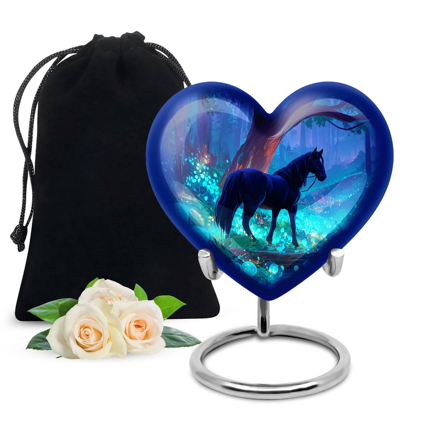 Steel Blue Horse Cremation Urn detail view - romantic heart urn with horse motif on aluminum - full-size 10 inch 200 cubic inch adult cremation urn