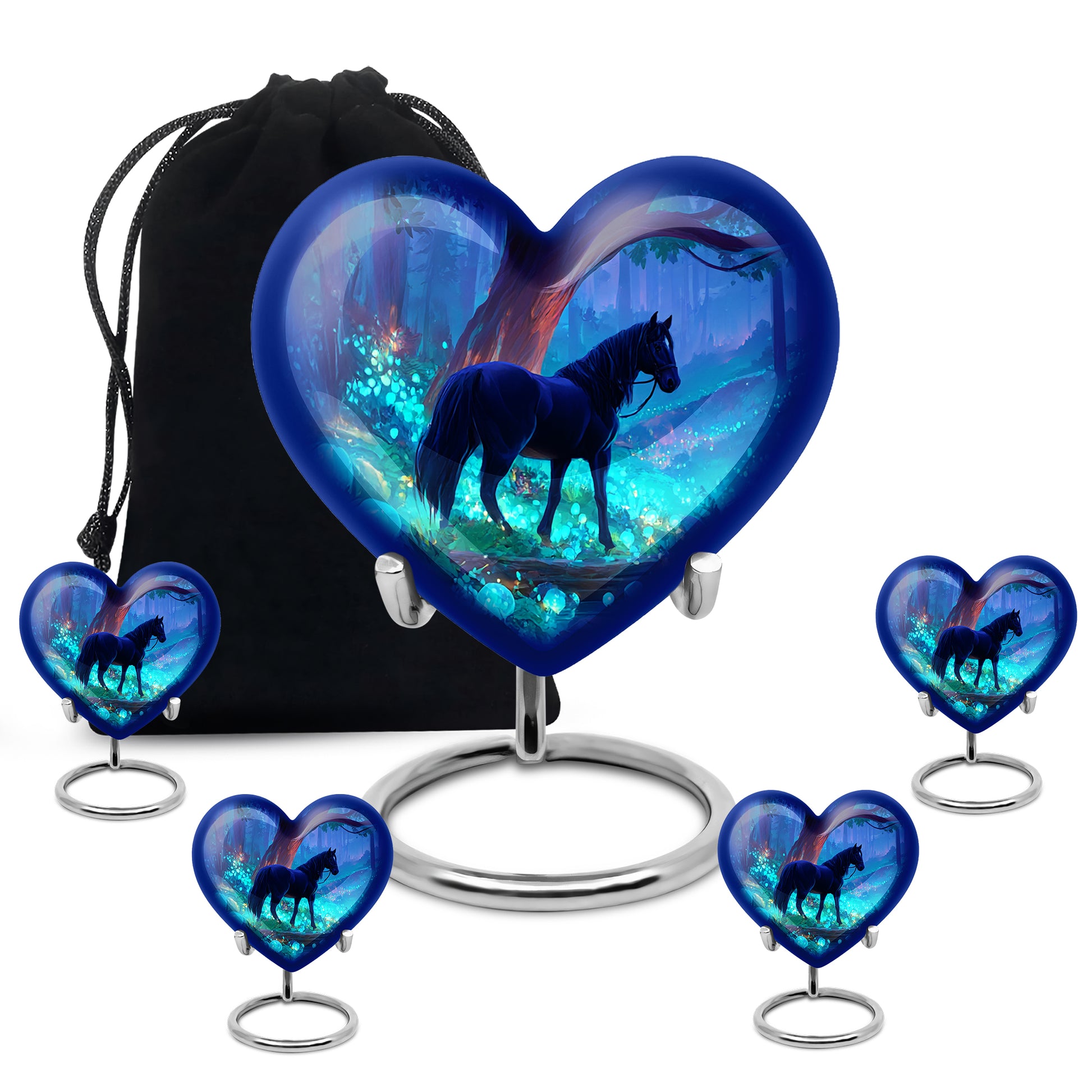 Sky Blue Horse Cremation Urn close-up of engraving and surface detail - heart-shaped horse design symbolizing eternal love - memorial set with one large and four small urns