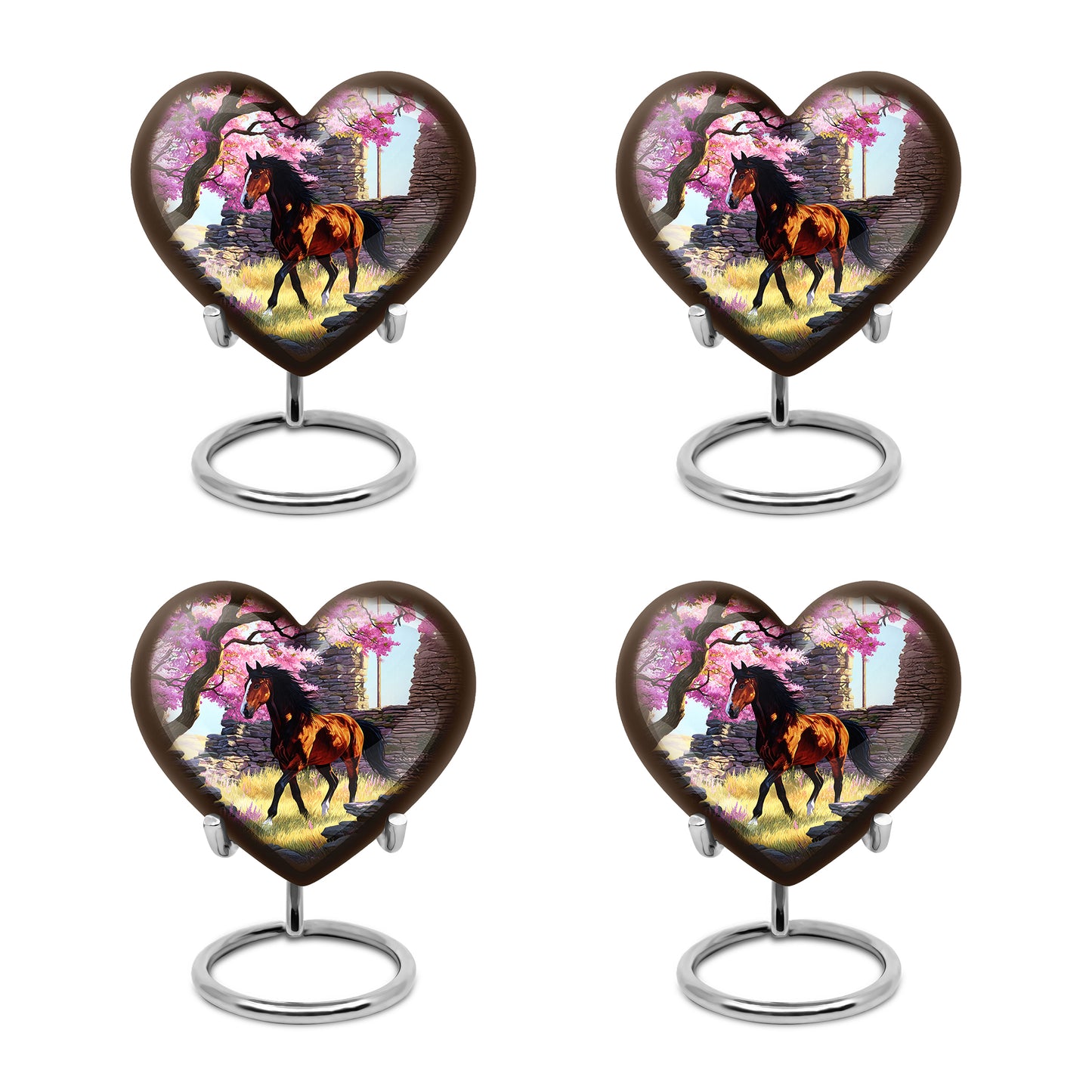 Blush Pink Horse Cremation Urn angled view of lid and engraved motif - heart-shaped horse design symbolizing eternal love - 10 inch aluminum urn for cremated remains
