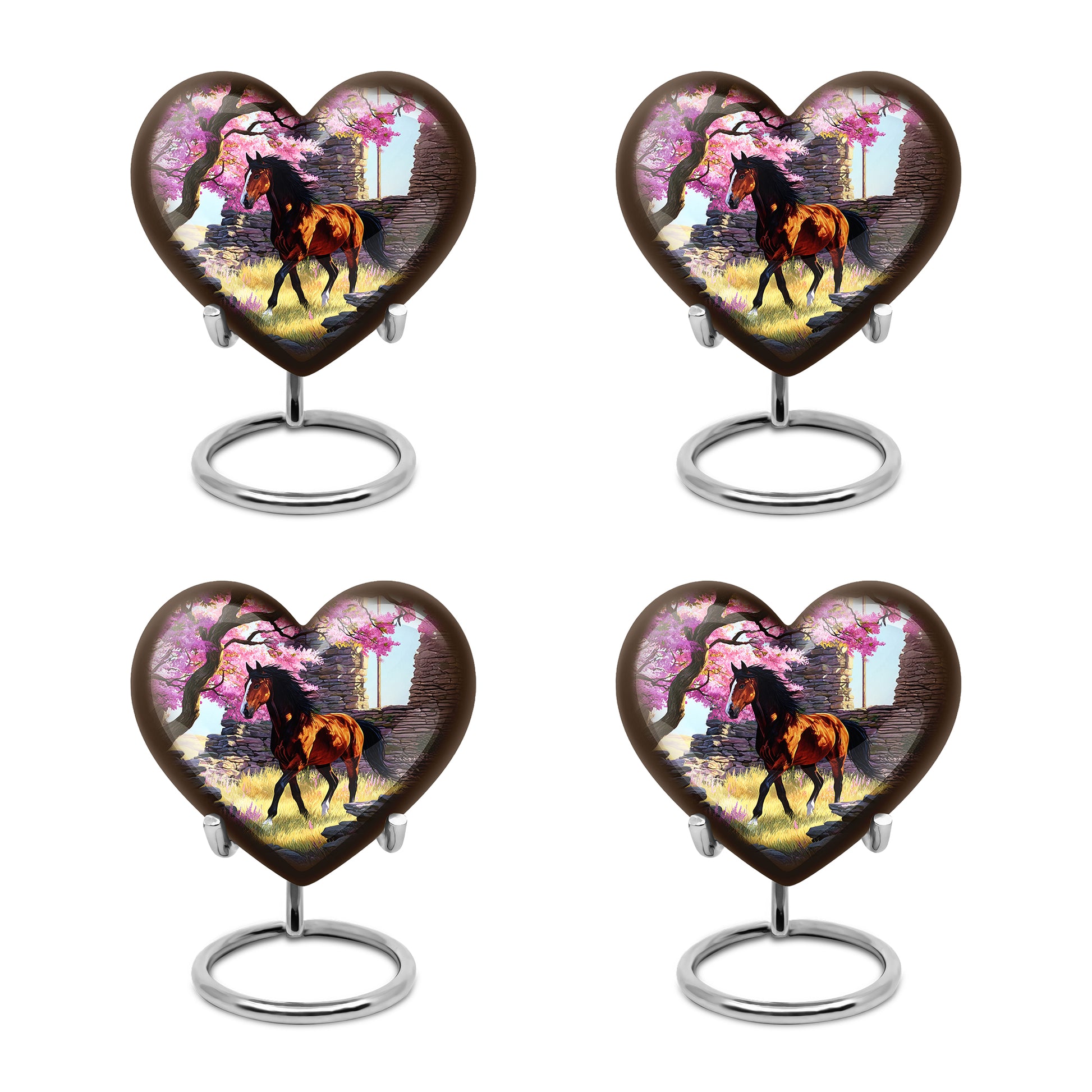 Blush Pink Horse Cremation Urn angled view of lid and engraved motif - heart-shaped horse design symbolizing eternal love - 10 inch aluminum urn for cremated remains