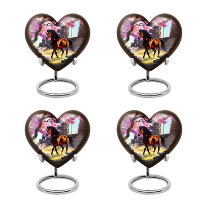 Blush Pink Horse Cremation Urn angled view of lid and engraved motif - heart-shaped horse design symbolizing eternal love - 10 inch aluminum urn for cremated remains