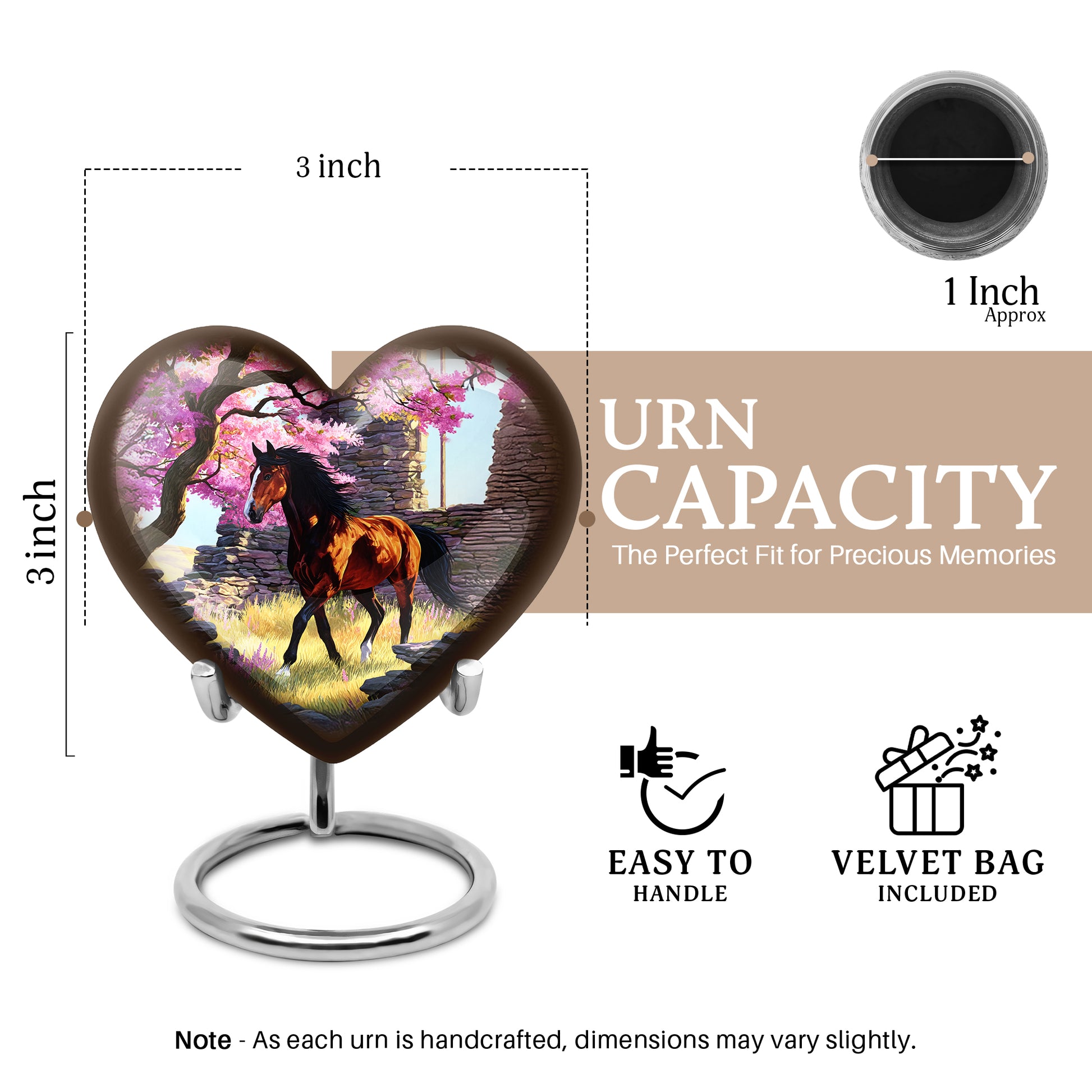 Blush Pink Horse Cremation Urn front view showing detailed design - heart-shaped horse design symbolizing eternal love - mini keepsake memorial for portion of cremation ashes
