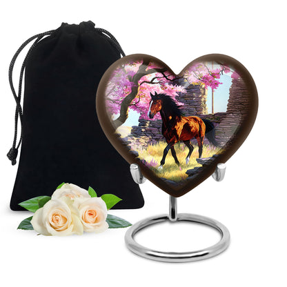 Blush Pink Horse Cremation Urn detail view - loving heart memorial featuring horse pattern - full-size 10 inch 200 cubic inch adult cremation urn