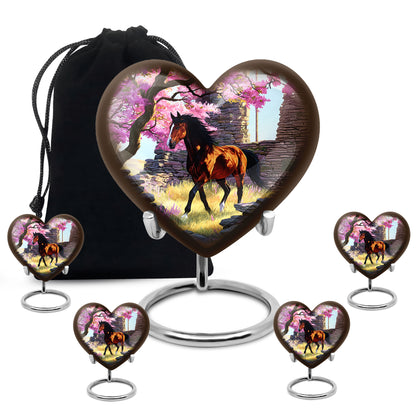 Peony Pink Horse Cremation Urn close-up of engraving and surface detail - heart-shaped horse design symbolizing eternal love - memorial set with one large and four small urns