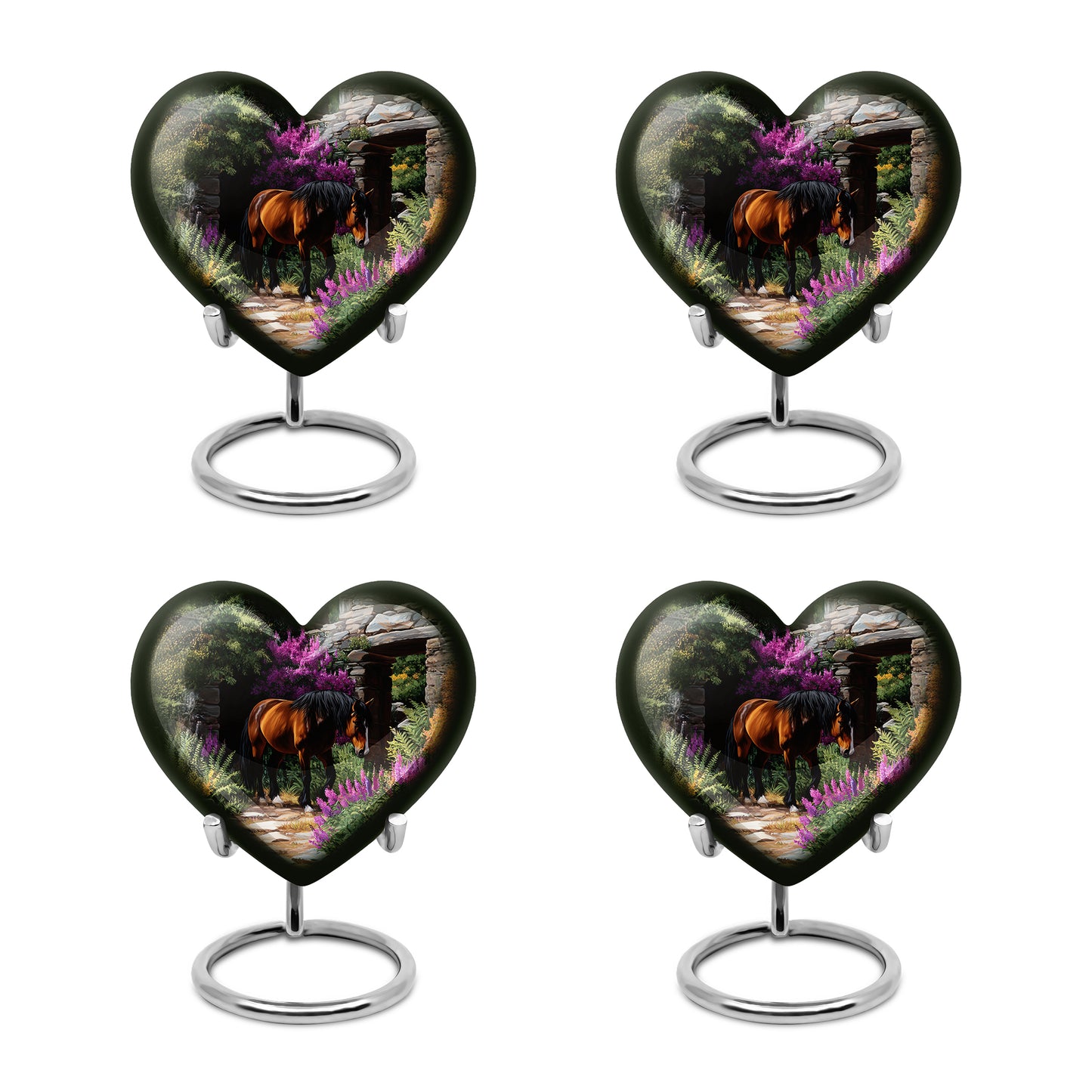 Glossy Black Horse Cremation Urn angled view of lid and engraved motif - loving heart memorial featuring horse pattern - 10 inch aluminum urn for cremated remains