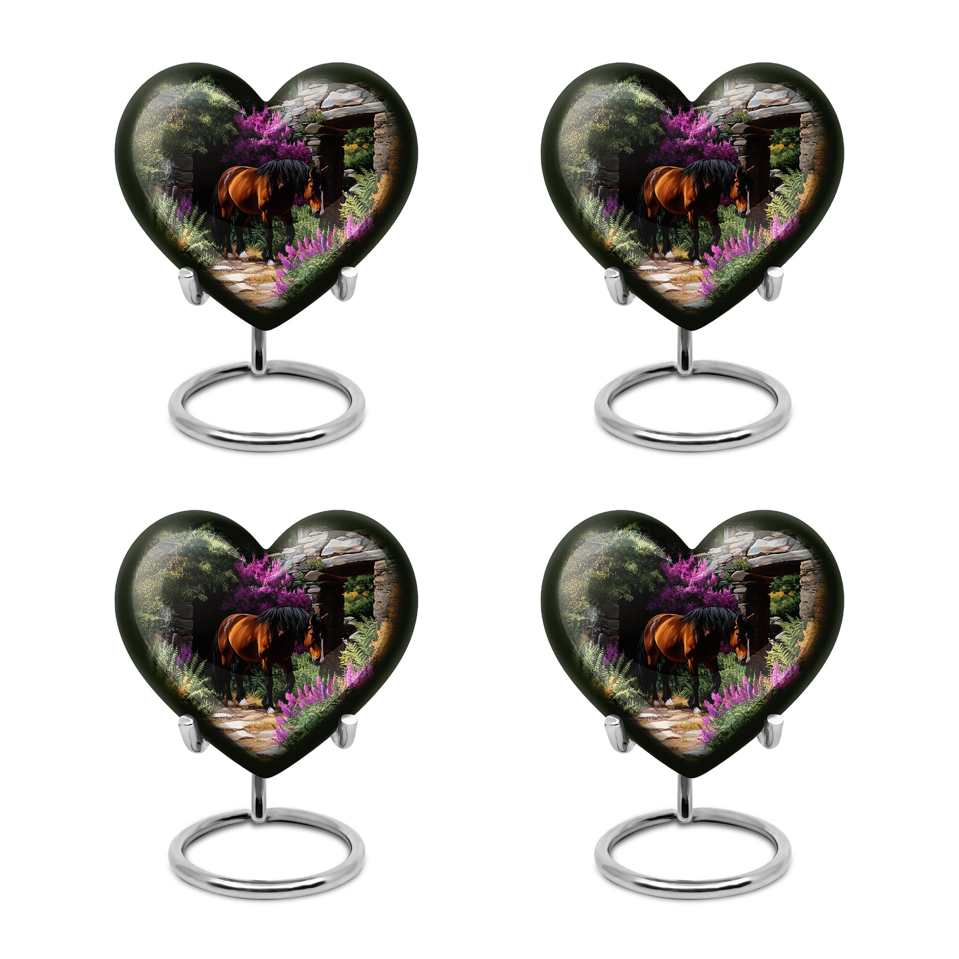 Glossy Black Horse Cremation Urn angled view of lid and engraved motif - loving heart memorial featuring horse pattern - 10 inch aluminum urn for cremated remains