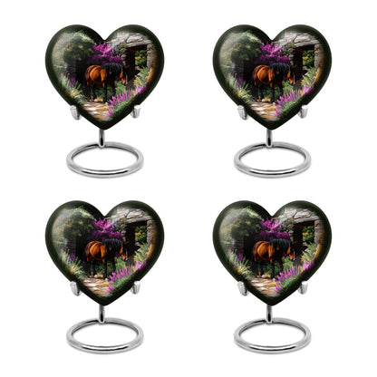 Glossy Black Horse Cremation Urn angled view of lid and engraved motif - loving heart memorial featuring horse pattern - 10 inch aluminum urn for cremated remains