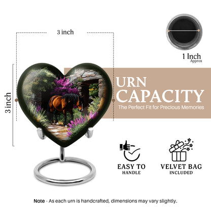 Obsidian Black Horse Cremation Urn front view showing detailed design - compassionate heart-horse combination with gentle curves - mini keepsake memorial for portion of cremation ashes