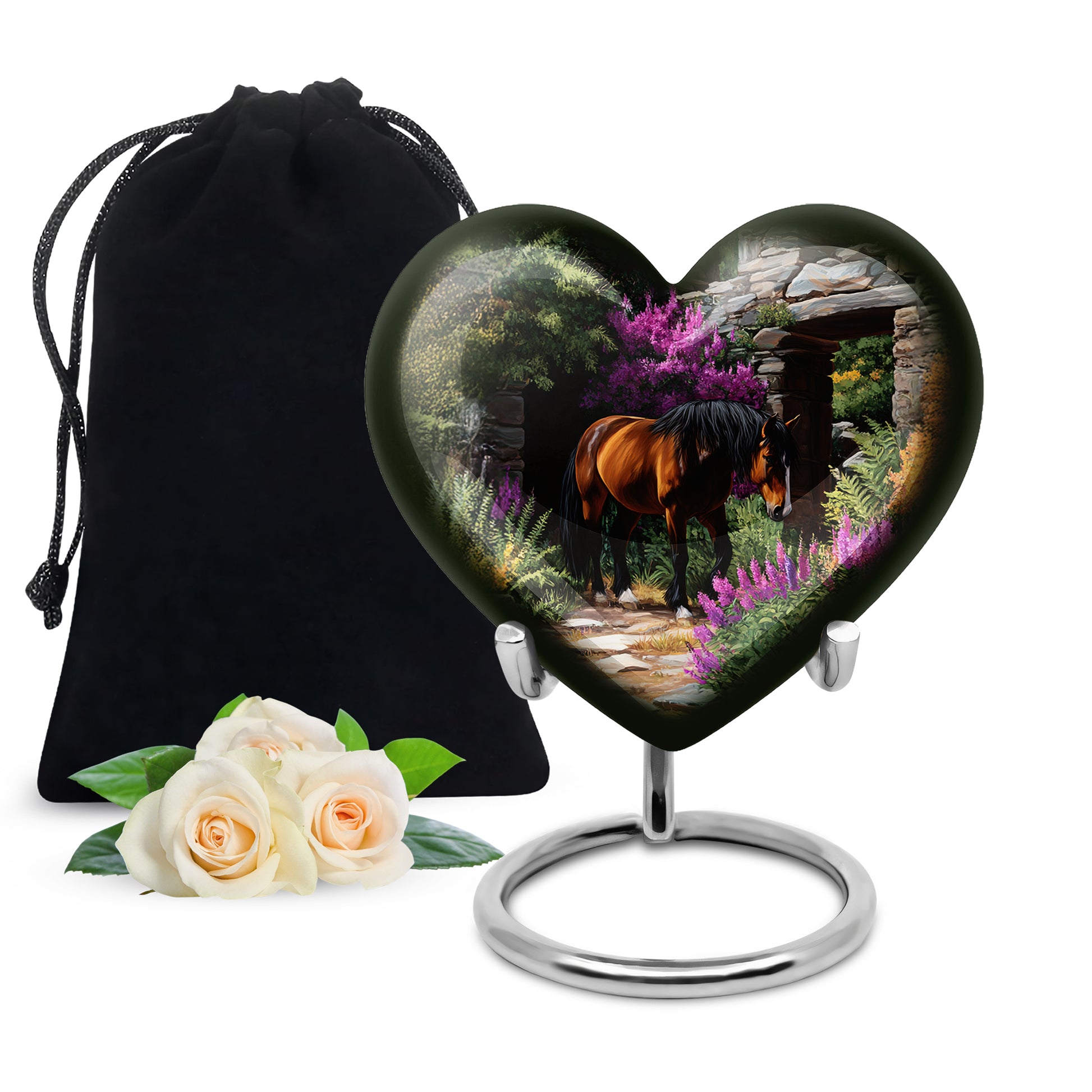 Deep Black Horse Cremation Urn detail view - loving heart memorial featuring horse pattern - full-size 10 inch 200 cubic inch adult cremation urn