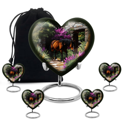 Midnight Black Horse Cremation Urn close-up of engraving and surface detail - romantic heart urn with horse motif on aluminum - memorial set with one large and four small urns