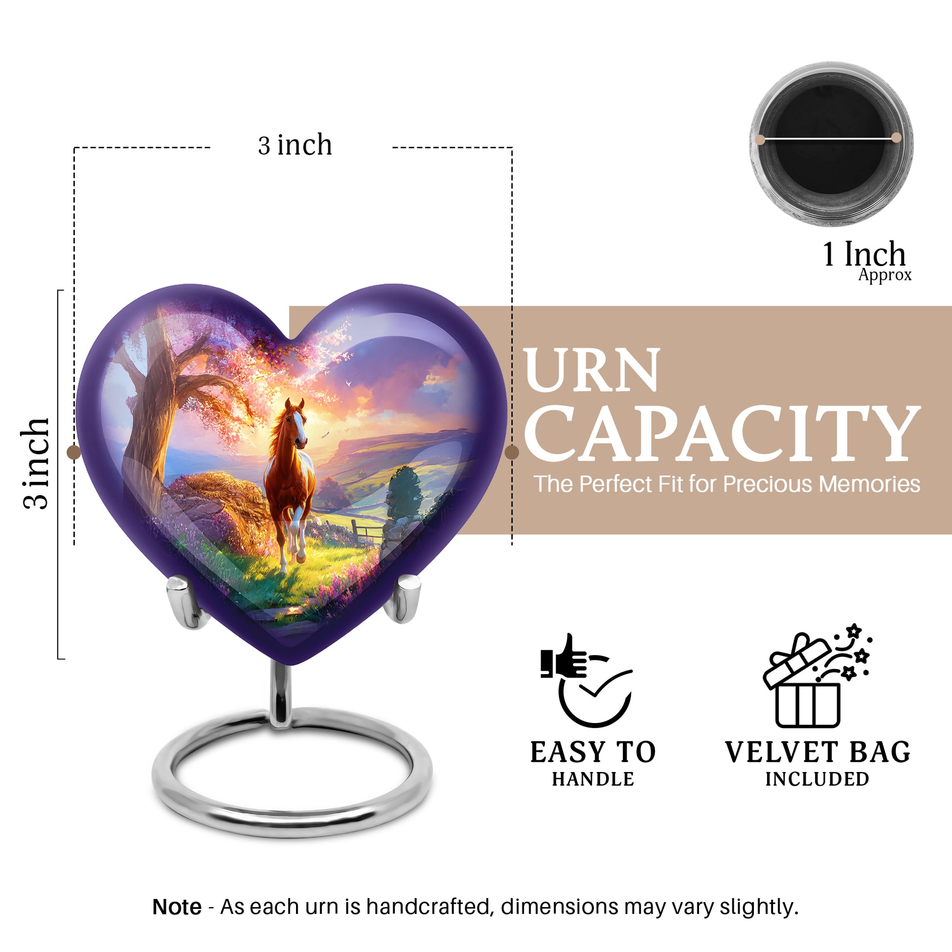 Royal Blue Horse Cremation Urn front view showing detailed design - romantic heart urn with horse motif on aluminum - mini keepsake memorial for portion of cremation ashes