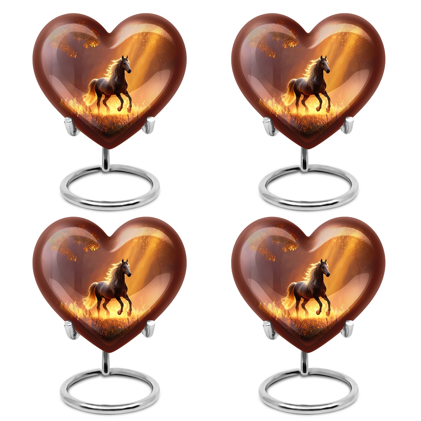 Cherry Red Horse Cremation Urn angled view of lid and engraved motif - romantic heart urn with horse motif on aluminum - 10 inch aluminum urn for cremated remains