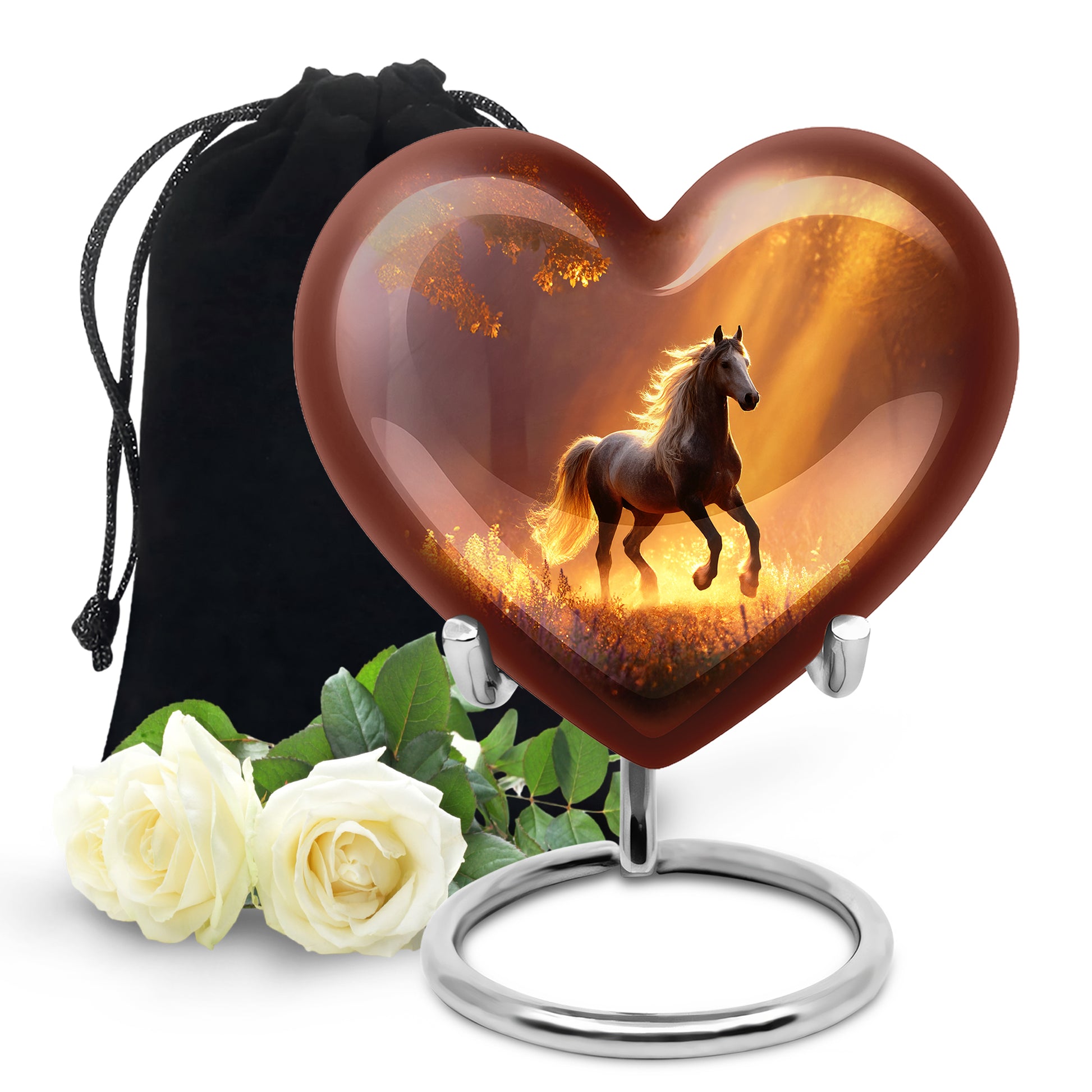 Scarlet Red Horse Cremation Urn detail view - compassionate heart-horse combination with gentle curves - full-size 10 inch 200 cubic inch adult cremation urn