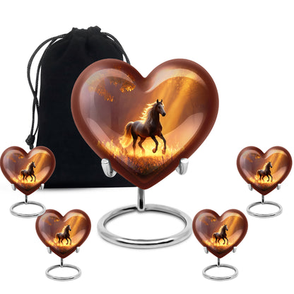 Scarlet Red Horse Cremation Urn close-up of engraving and surface detail - compassionate heart-horse combination with gentle curves - memorial set with one large and four small urns