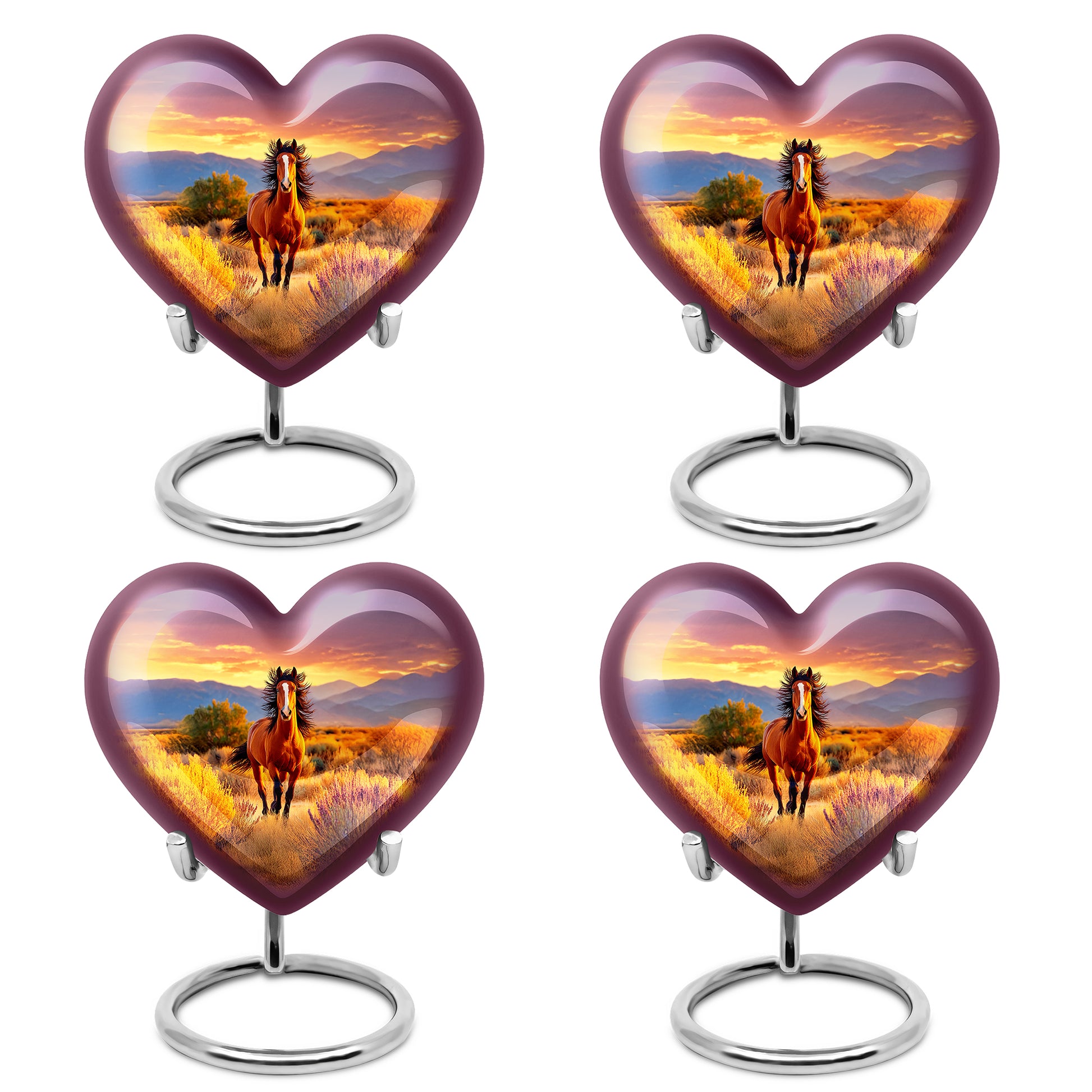 Garnet Red Horse Cremation Urn angled view of lid and engraved motif - heart-shaped horse design symbolizing eternal love - 10 inch aluminum urn for cremated remains
