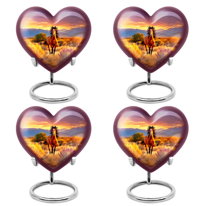 Garnet Red Horse Cremation Urn angled view of lid and engraved motif - heart-shaped horse design symbolizing eternal love - 10 inch aluminum urn for cremated remains