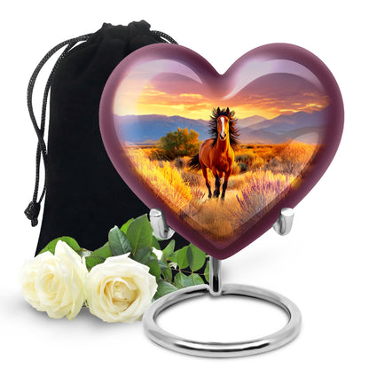 Scarlet Red Horse Cremation Urn detail view - romantic heart urn with horse motif on aluminum - full-size 10 inch 200 cubic inch adult cremation urn