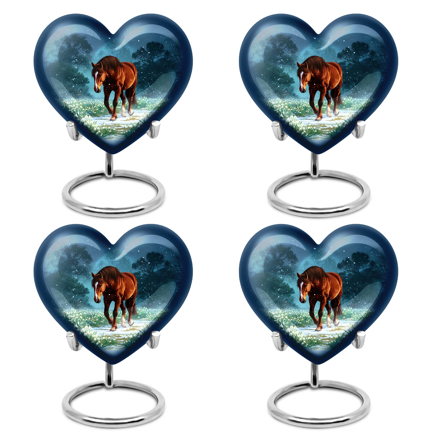 Navy Blue Horse Cremation Urn angled view of lid and engraved motif - loving heart memorial featuring horse pattern - 10 inch aluminum urn for cremated remains