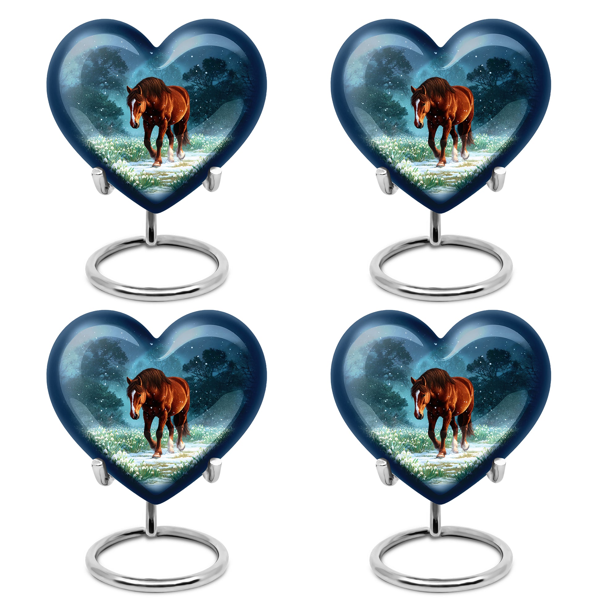 Navy Blue Horse Cremation Urn angled view of lid and engraved motif - loving heart memorial featuring horse pattern - 10 inch aluminum urn for cremated remains