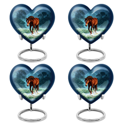 Navy Blue Horse Cremation Urn angled view of lid and engraved motif - loving heart memorial featuring horse pattern - 10 inch aluminum urn for cremated remains