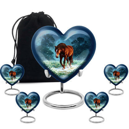 Sky Blue Horse Cremation Urn close-up of engraving and surface detail - loving heart memorial featuring horse pattern - memorial set with one large and four small urns
