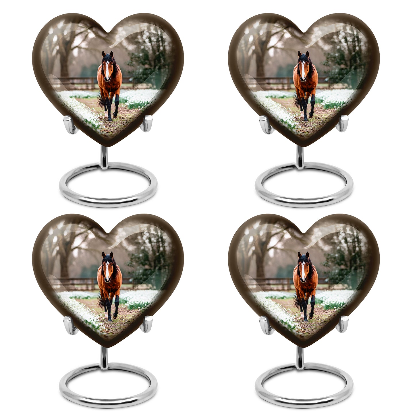 Amber Gold Horse Cremation Urn angled view of lid and engraved motif - loving heart memorial featuring horse pattern - 10 inch aluminum urn for cremated remains