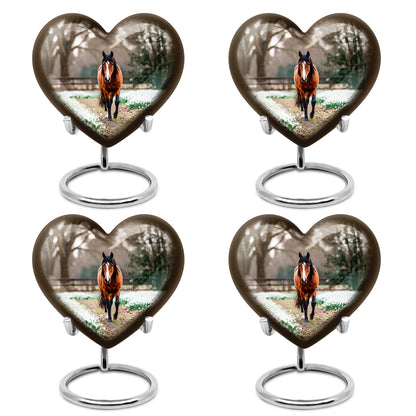 Amber Gold Horse Cremation Urn angled view of lid and engraved motif - loving heart memorial featuring horse pattern - 10 inch aluminum urn for cremated remains