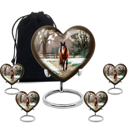 Royal Gold Horse Cremation Urn close-up of engraving and surface detail - compassionate heart-horse combination with gentle curves - memorial set with one large and four small urns