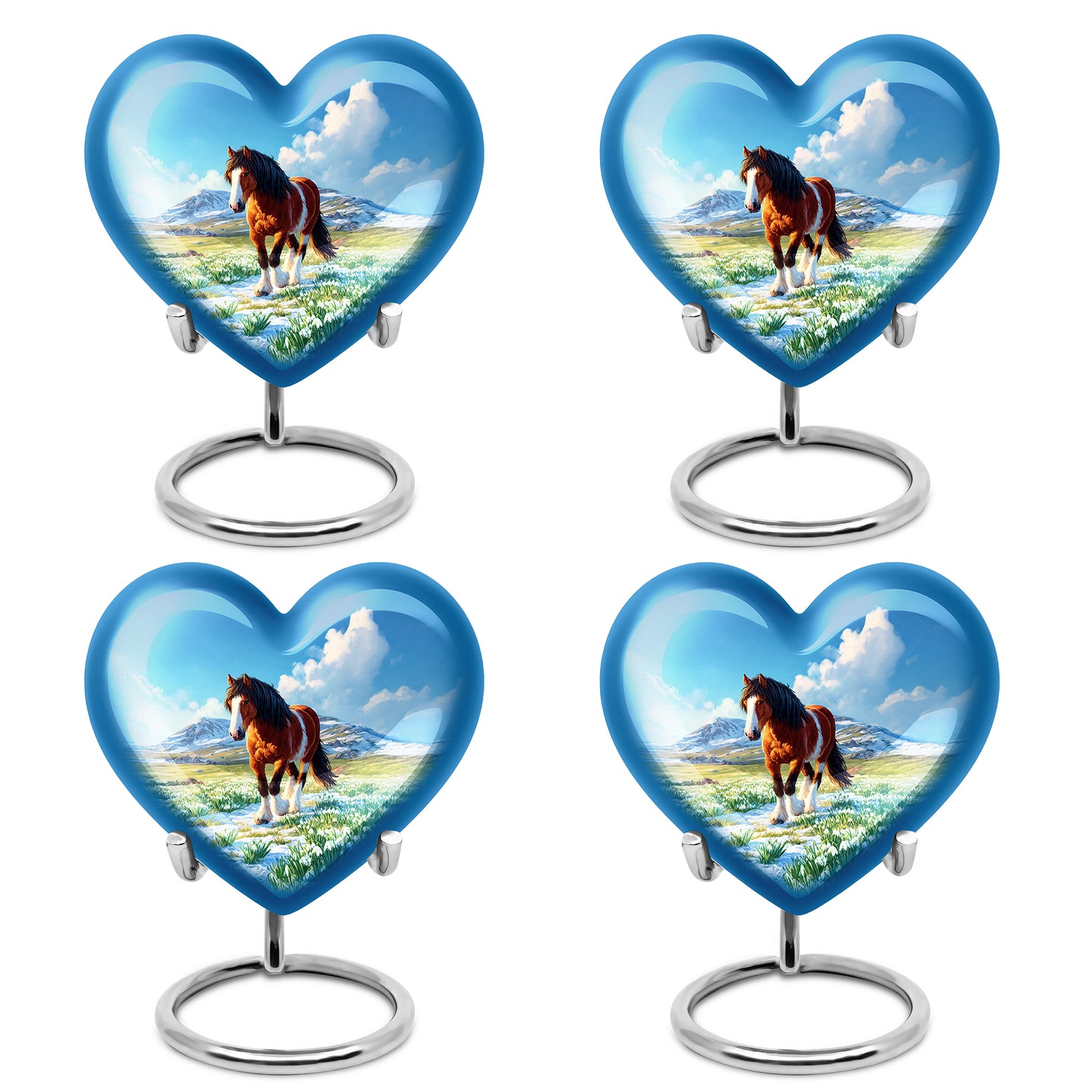 Sky Blue Horse Cremation Urn angled view of lid and engraved motif - loving heart memorial featuring horse pattern - 10 inch aluminum urn for cremated remains
