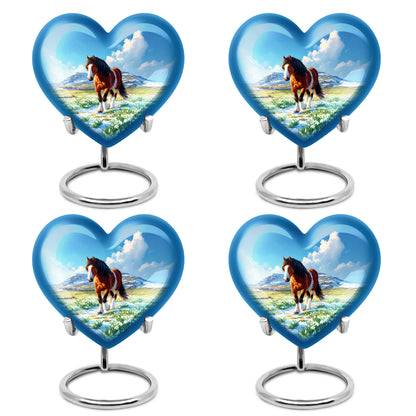 Sky Blue Horse Cremation Urn angled view of lid and engraved motif - loving heart memorial featuring horse pattern - 10 inch aluminum urn for cremated remains