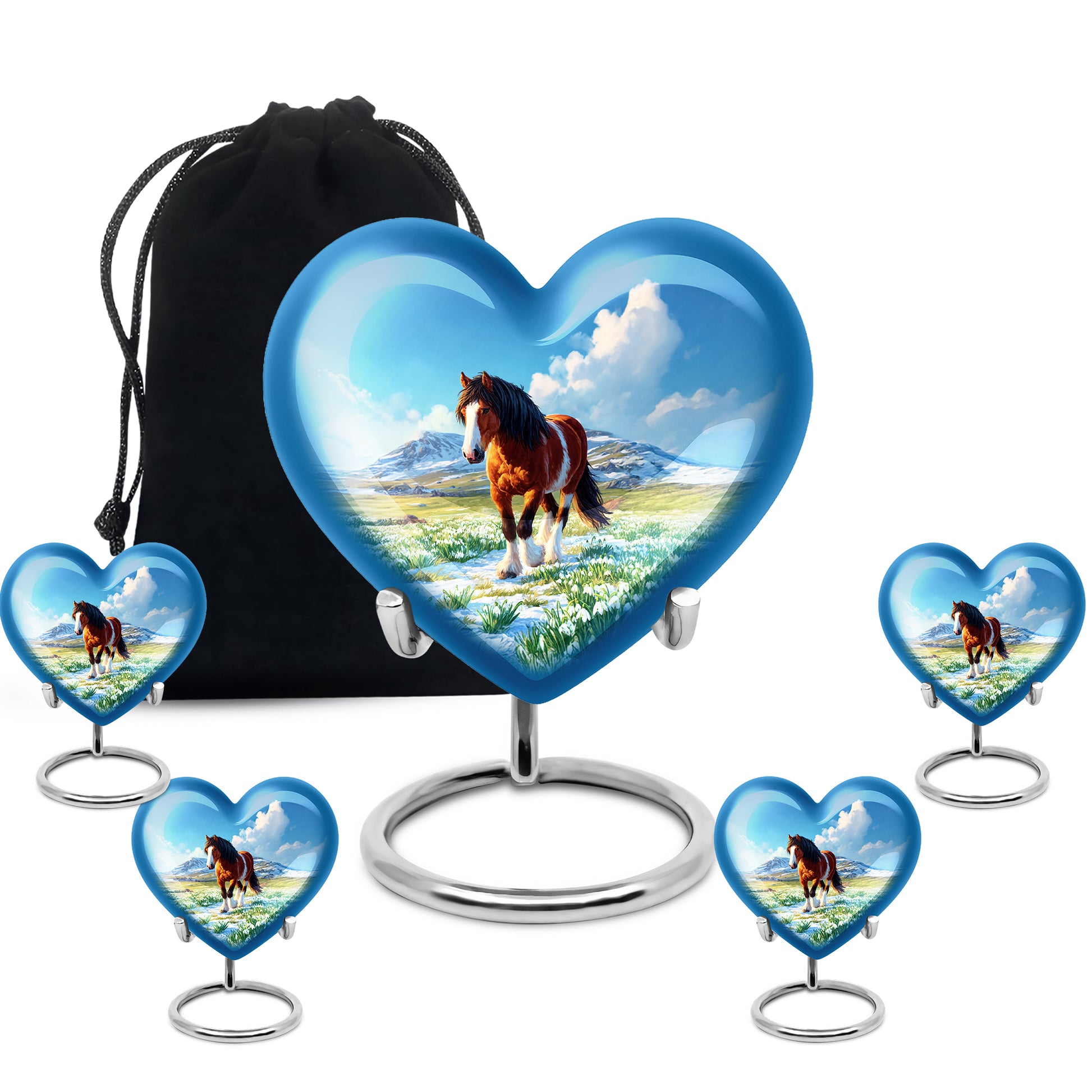 Dusty Blue Horse Cremation Urn close-up of engraving and surface detail - heart-shaped horse design symbolizing eternal love - memorial set with one large and four small urns