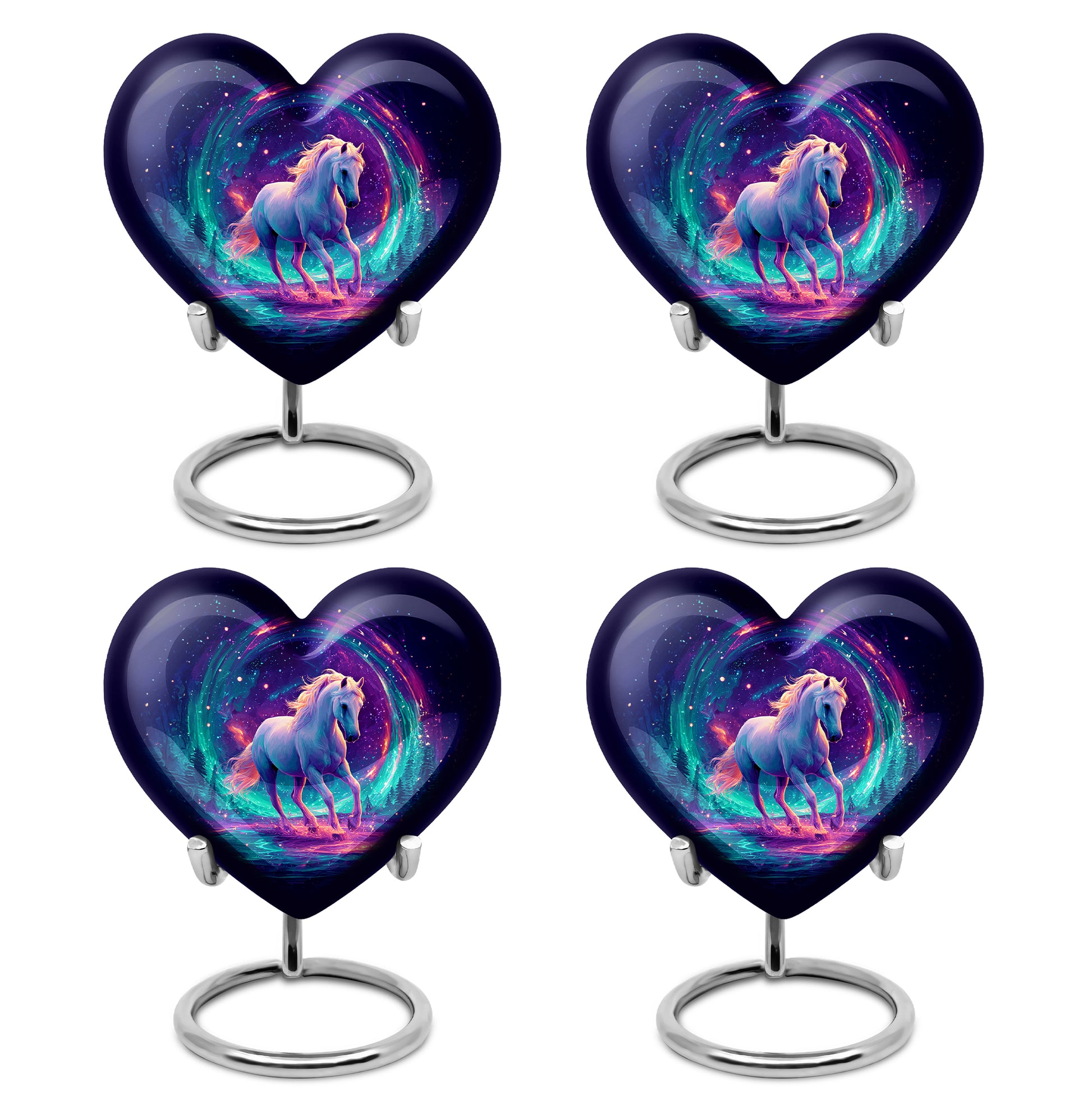 Twilight Blue Horse Cremation Urn angled view of lid and engraved motif - romantic heart urn with horse motif on aluminum - 10 inch aluminum urn for cremated remains