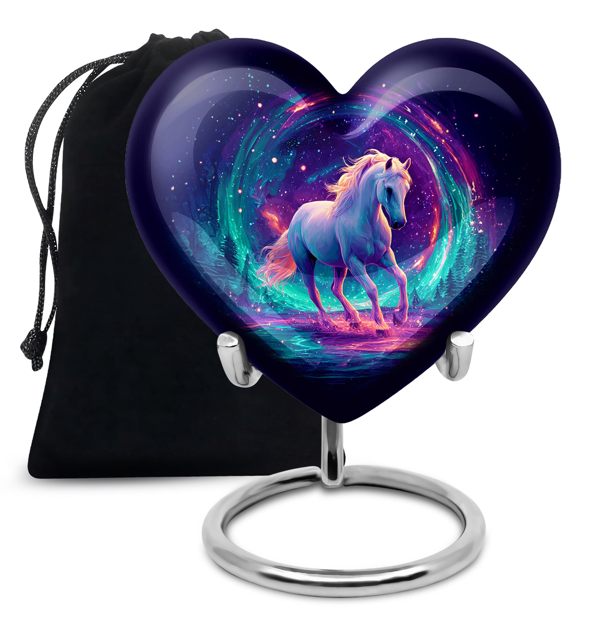 Sapphire Blue Horse Cremation Urn detail view - romantic heart urn with horse motif on aluminum - full-size 10 inch 200 cubic inch adult cremation urn