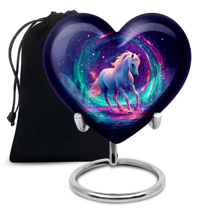 Sapphire Blue Horse Cremation Urn detail view - romantic heart urn with horse motif on aluminum - full-size 10 inch 200 cubic inch adult cremation urn