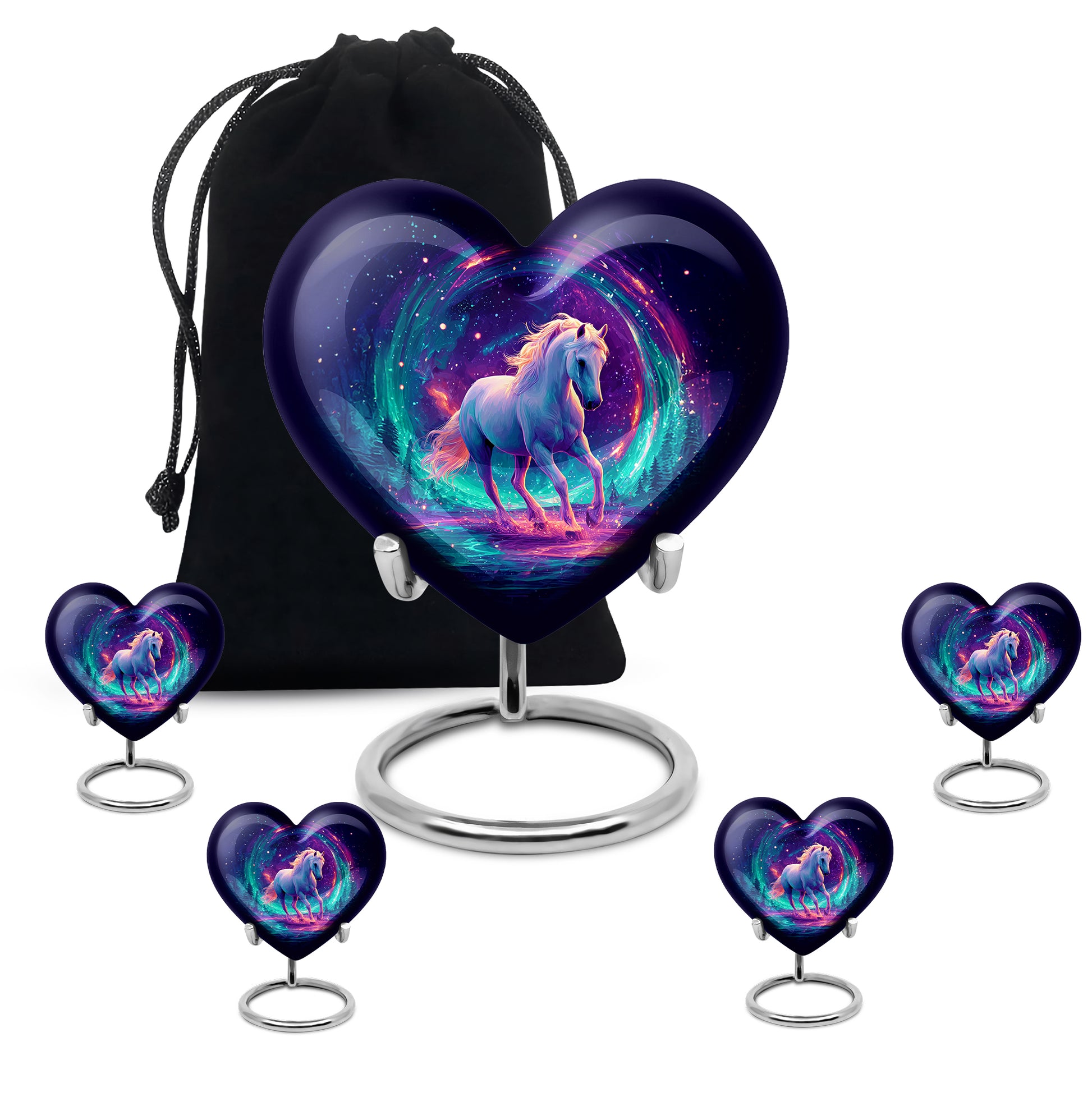 Cornflower Blue Horse Cremation Urn close-up of engraving and surface detail - romantic heart urn with horse motif on aluminum - memorial set with one large and four small urns