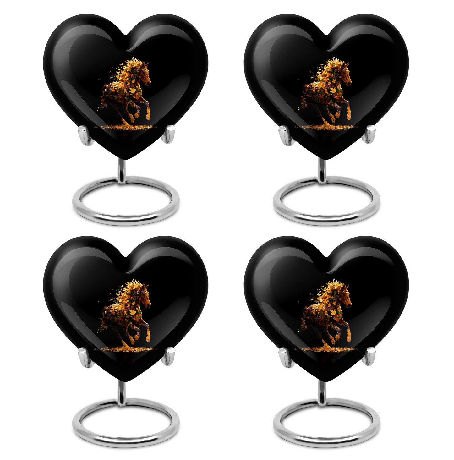 Deep Black Horse Cremation Urn angled view of lid and engraved motif - heart-shaped horse design symbolizing eternal love - 10 inch aluminum urn for cremated remains