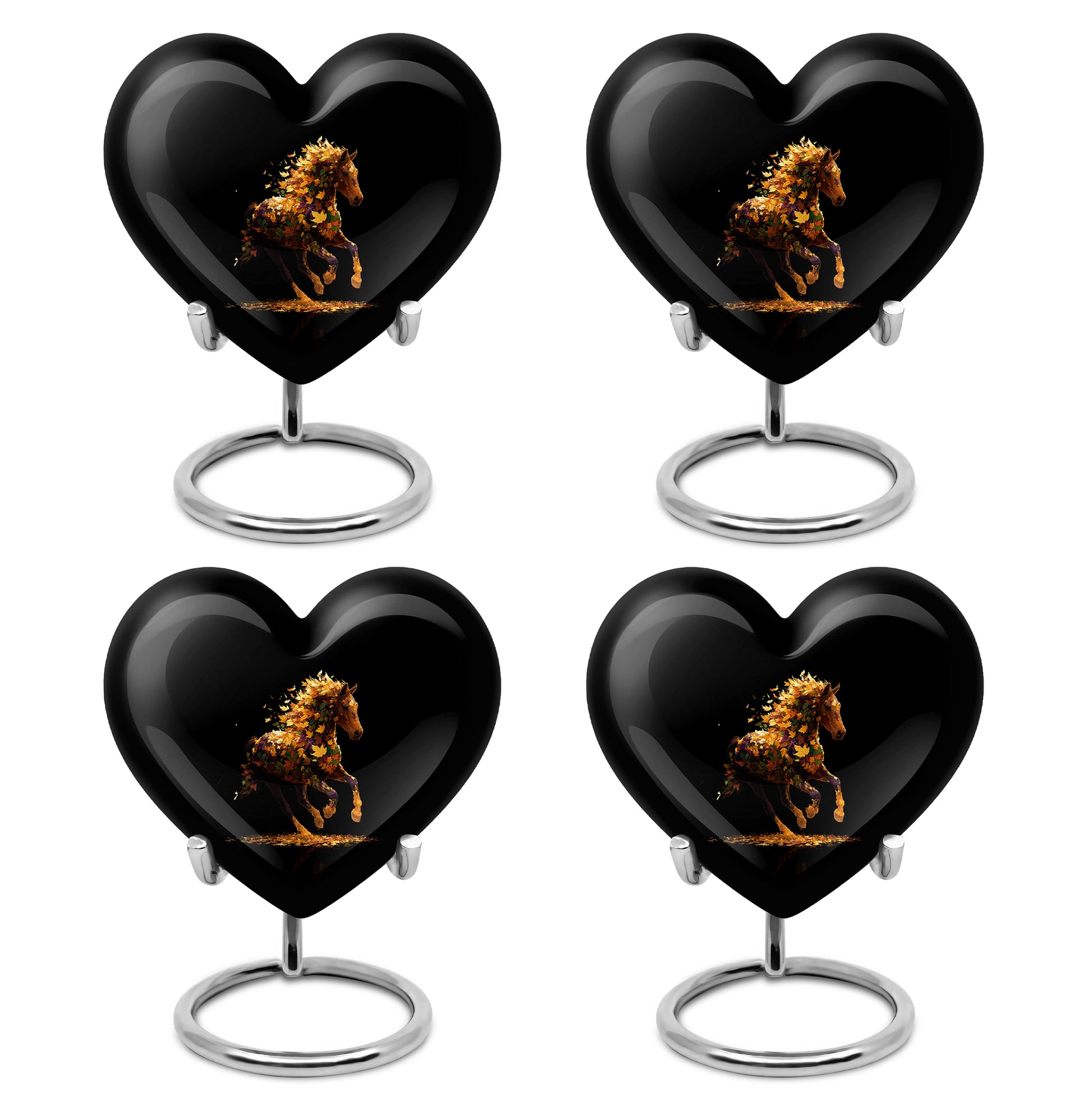 Deep Black Horse Cremation Urn angled view of lid and engraved motif - heart-shaped horse design symbolizing eternal love - 10 inch aluminum urn for cremated remains