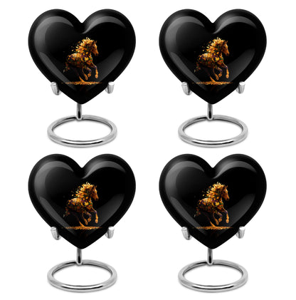 Deep Black Horse Cremation Urn angled view of lid and engraved motif - heart-shaped horse design symbolizing eternal love - 10 inch aluminum urn for cremated remains