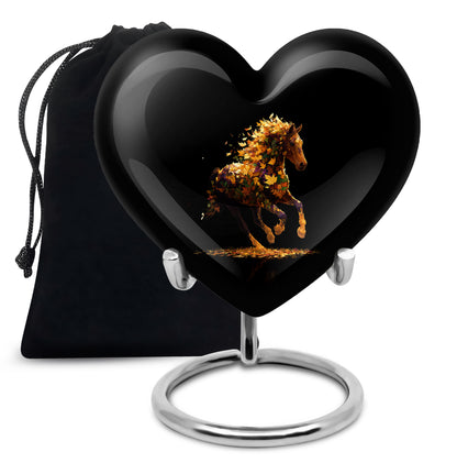 Charcoal Black Horse Cremation Urn detail view - compassionate heart-horse combination with gentle curves - full-size 10 inch 200 cubic inch adult cremation urn