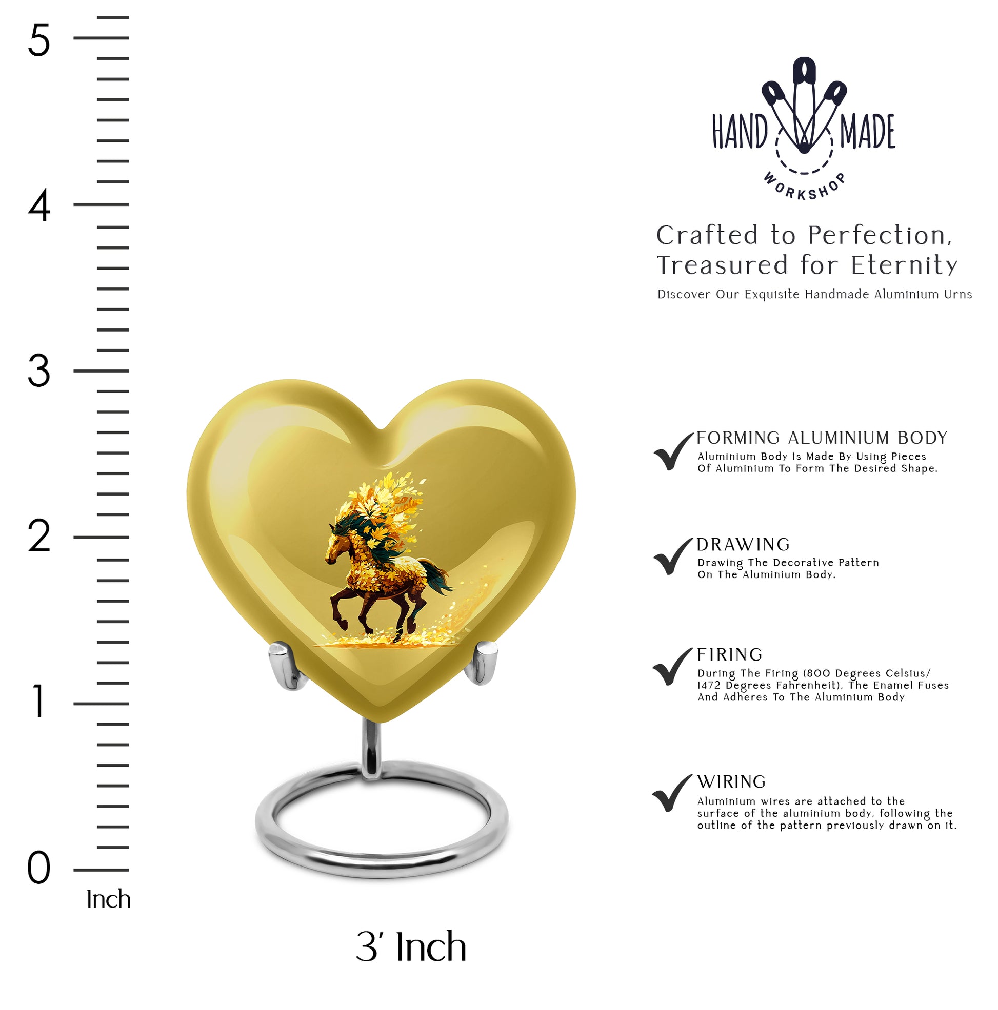 Burnished Gold Horse Cremation Urn front view showing detailed design - romantic heart urn with horse motif on aluminum - mini keepsake memorial for portion of cremation ashes