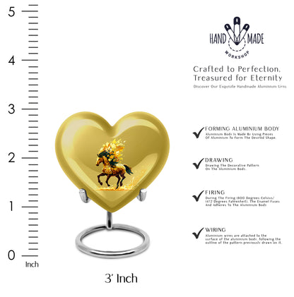 Burnished Gold Horse Cremation Urn front view showing detailed design - romantic heart urn with horse motif on aluminum - mini keepsake memorial for portion of cremation ashes