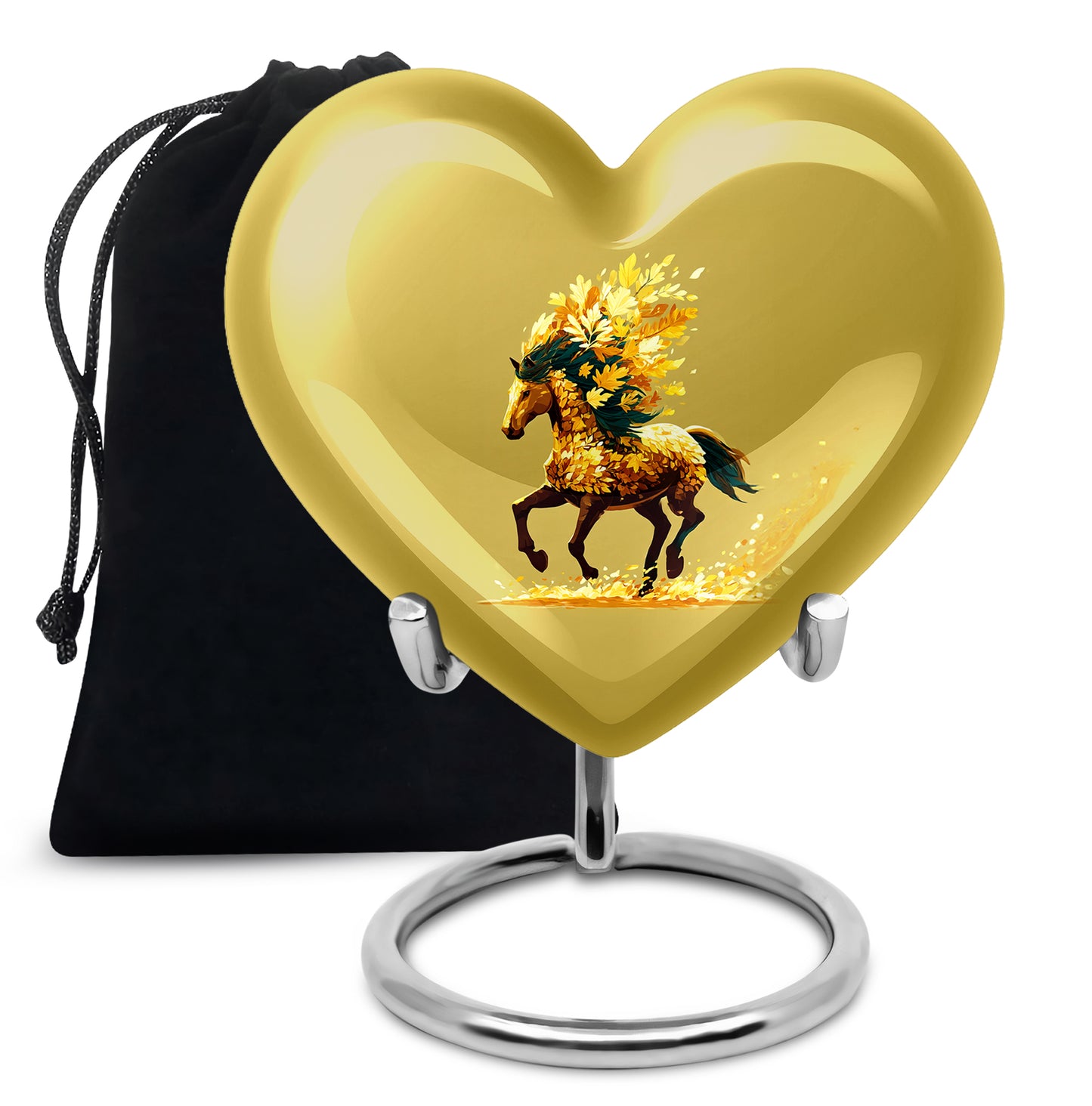Harvest Gold Horse Cremation Urn detail view - compassionate heart-horse combination with gentle curves - full-size 10 inch 200 cubic inch adult cremation urn