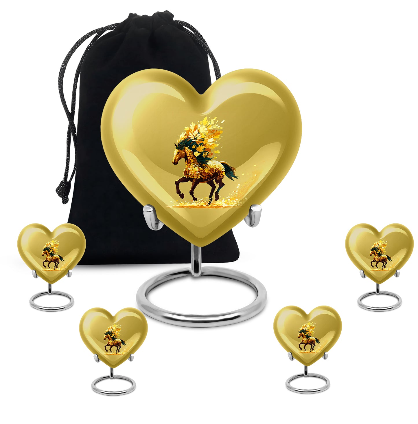 Sunrise Gold Horse Cremation Urn close-up of engraving and surface detail - loving heart memorial featuring horse pattern - memorial set with one large and four small urns