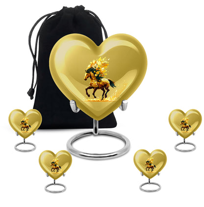 Sunrise Gold Horse Cremation Urn close-up of engraving and surface detail - loving heart memorial featuring horse pattern - memorial set with one large and four small urns