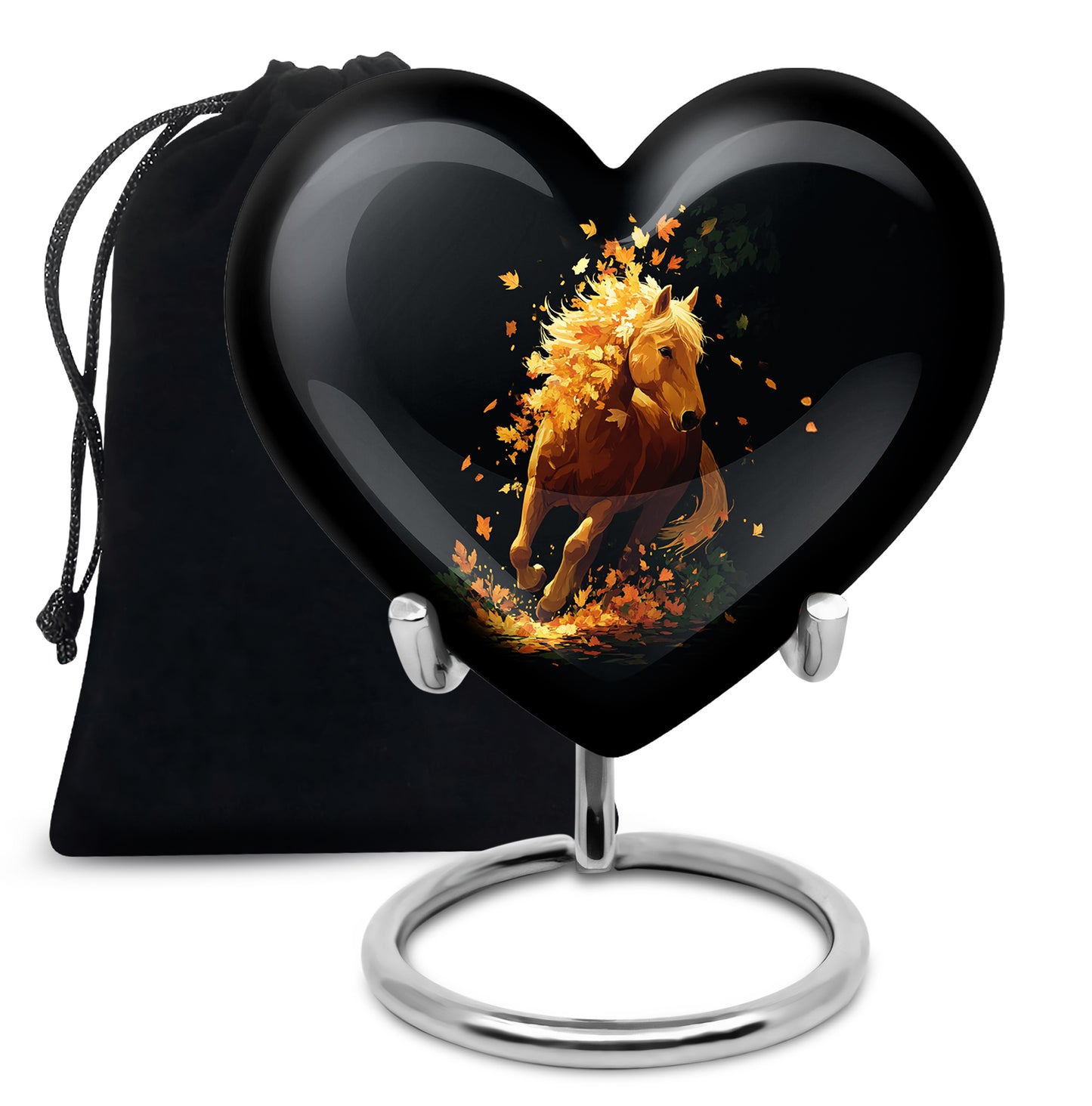 Navy Blue Horse Cremation Urn detail view - loving heart memorial featuring horse pattern - full-size 10 inch 200 cubic inch adult cremation urn