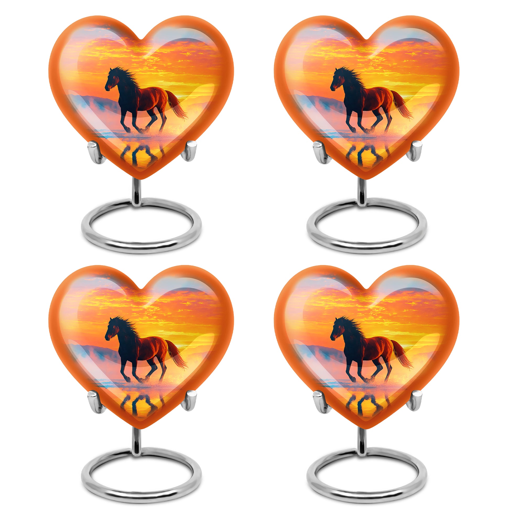 Pastel Blue Horse Cremation Urn angled view of lid and engraved motif - heart-shaped horse design symbolizing eternal love - 10 inch aluminum urn for cremated remains