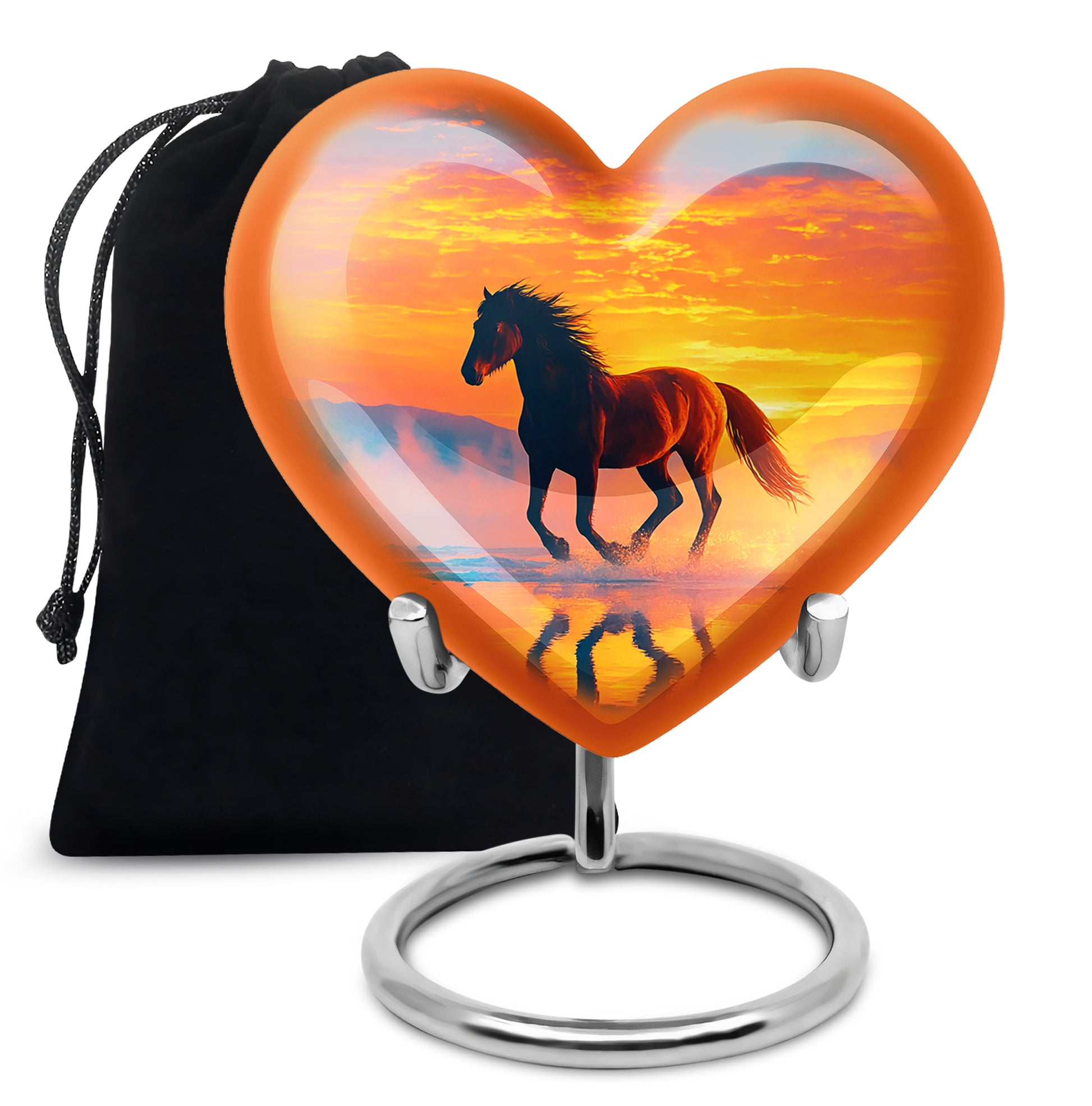 Vivid Blue Horse Cremation Urn detail view - romantic heart urn with horse motif on aluminum - full-size 10 inch 200 cubic inch adult cremation urn