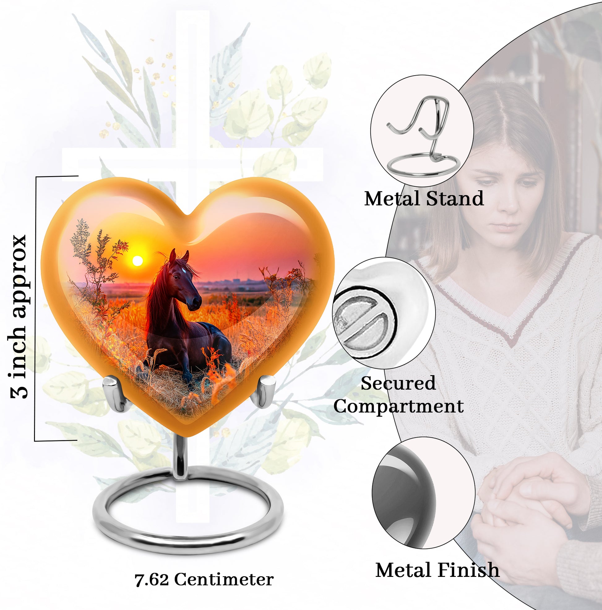 Deep Red Horse Cremation Urn front view showing detailed design - loving heart memorial featuring horse pattern - mini keepsake memorial for portion of cremation ashes