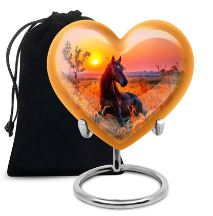 Deep Red Horse Cremation Urn detail view - loving heart memorial featuring horse pattern - full-size 10 inch 200 cubic inch adult cremation urn
