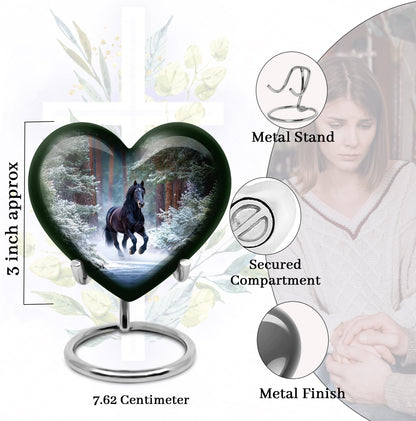 Sapphire Blue Horse Cremation Urn front view showing detailed design - romantic heart urn with horse motif on aluminum - mini keepsake memorial for portion of cremation ashes